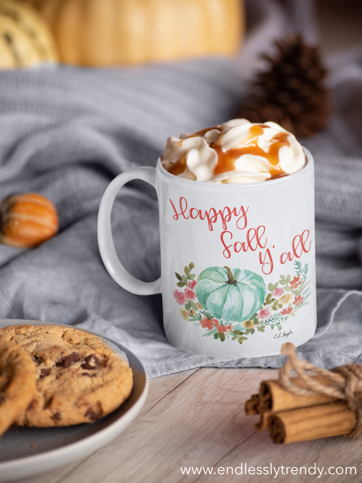 Happy Fall Y’all coffee mug with cozy fall decorations