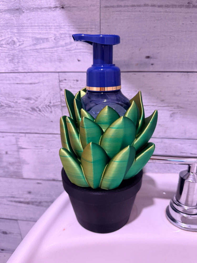 3D printed succulent soap holder with green and gold leaves in a black pot