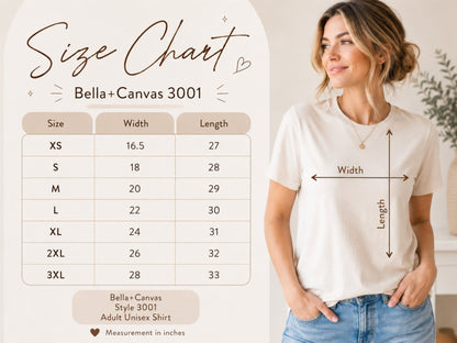 Bella + Canvas adult ringspun short sleeve tee size chart