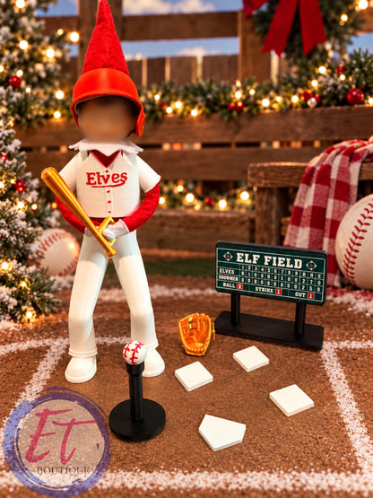 Complete Christmas elf baseball scene with accessories