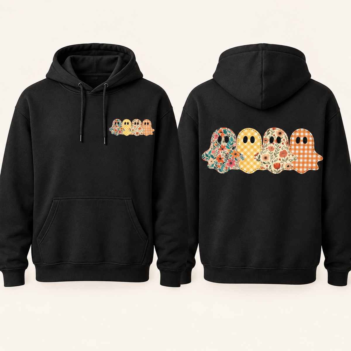 Floral and gingham ghosts hoodie mockup