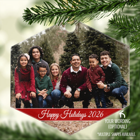 Hexagon acrylic photo ornament featuring a family photo and optional Happy Holidays 2026 wording