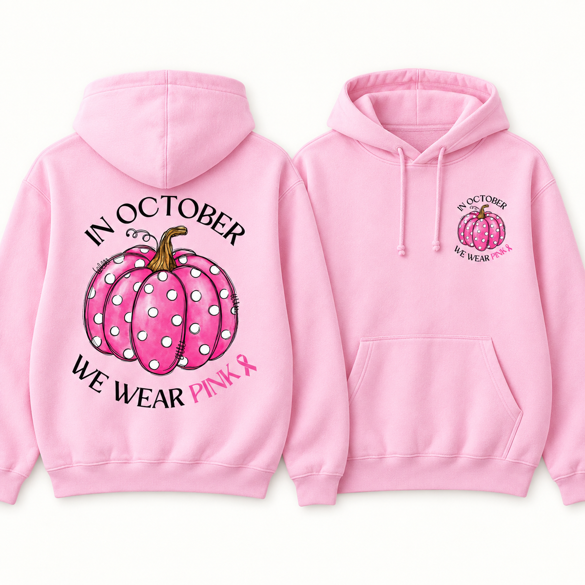 Pink Polka Dot Pumpkin light pink fleece hoodie, full back and small left chest print