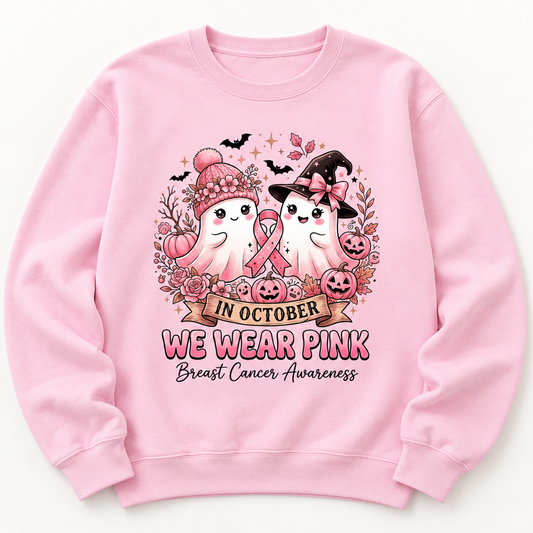 Pink ribbon ghost duo on a light pink crewneck sweatshirt