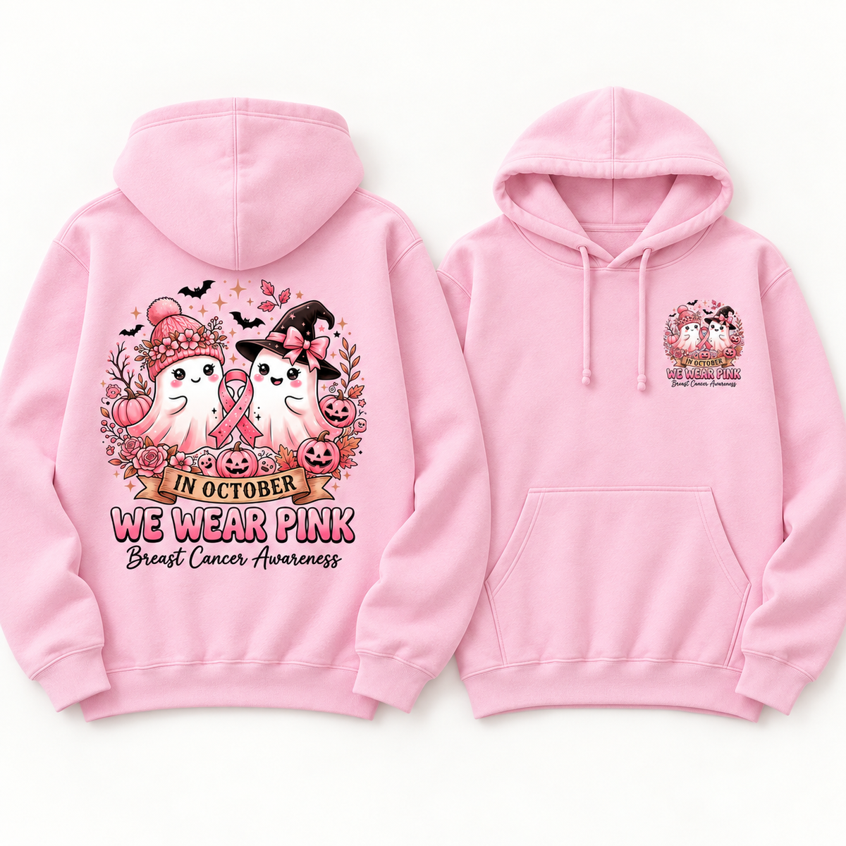 Pink Ribbon Ghost Duo light pink fleece hoodie, full back and small left chest print