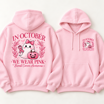 Pink Ribbon Ghost & Pumpkin light pink fleece hoodie, full back and small left chest print