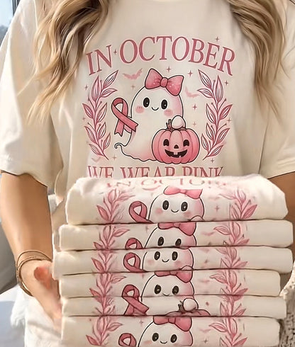 In October We Wear Pink ghost and pumpkin shirt
