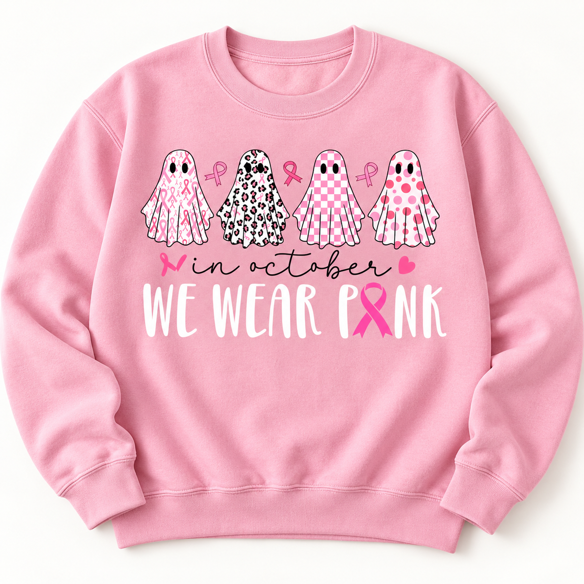 Pink ribbon patterned ghosts on a light pink crewneck sweatshirt