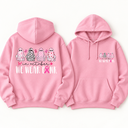 Pink Ribbon Patterned Ghosts light pink fleece hoodie, full back and small left chest print