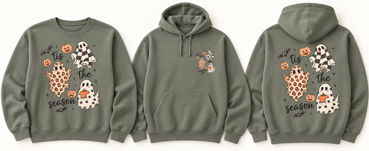'Tis the Season Ghost Halloween Shirt sweatshirt and hoodie front and back mockup