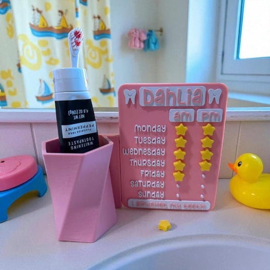 Pink personalized toothbrushing reward chart with star tokens and matching holder