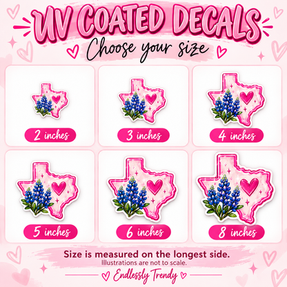 Illustrated UV coated decal size options: 2, 3, 4, 5, 6, and 8 inches measured on the longest side, not to scale